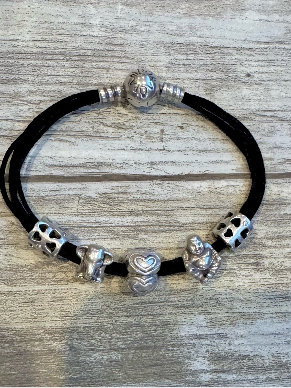 Pandora 6.5” Black Cord Bracelet w/ Buddha, Elephant & Heart Charms